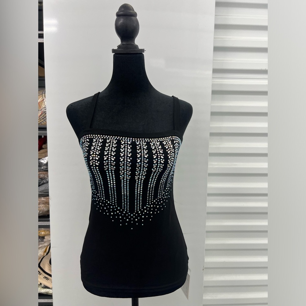 Women Rhinestone Black Tank Top